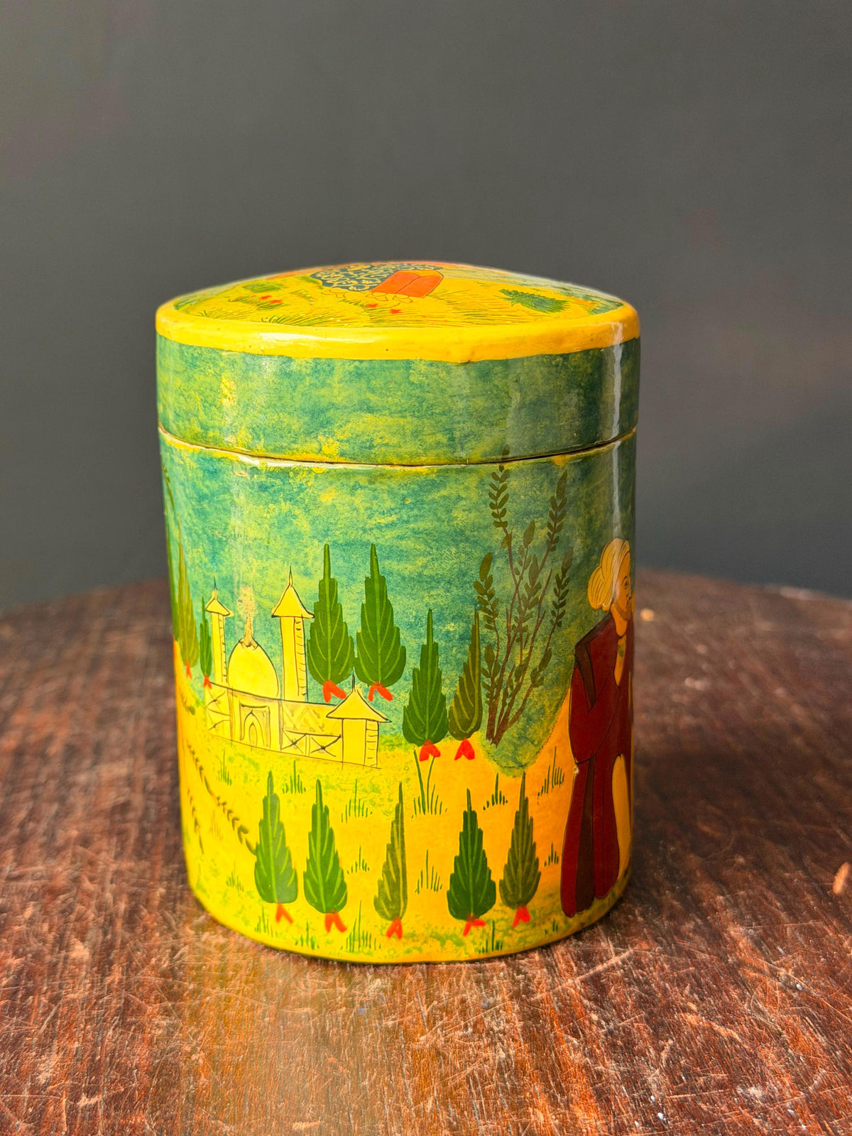Vintage Hand Painted Papier Mache Canister Figural Miniature Scene Box