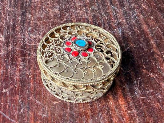 Vintage Himalayan Filigree Brass Trinket Box Turquoise Coral Inlay Vessel