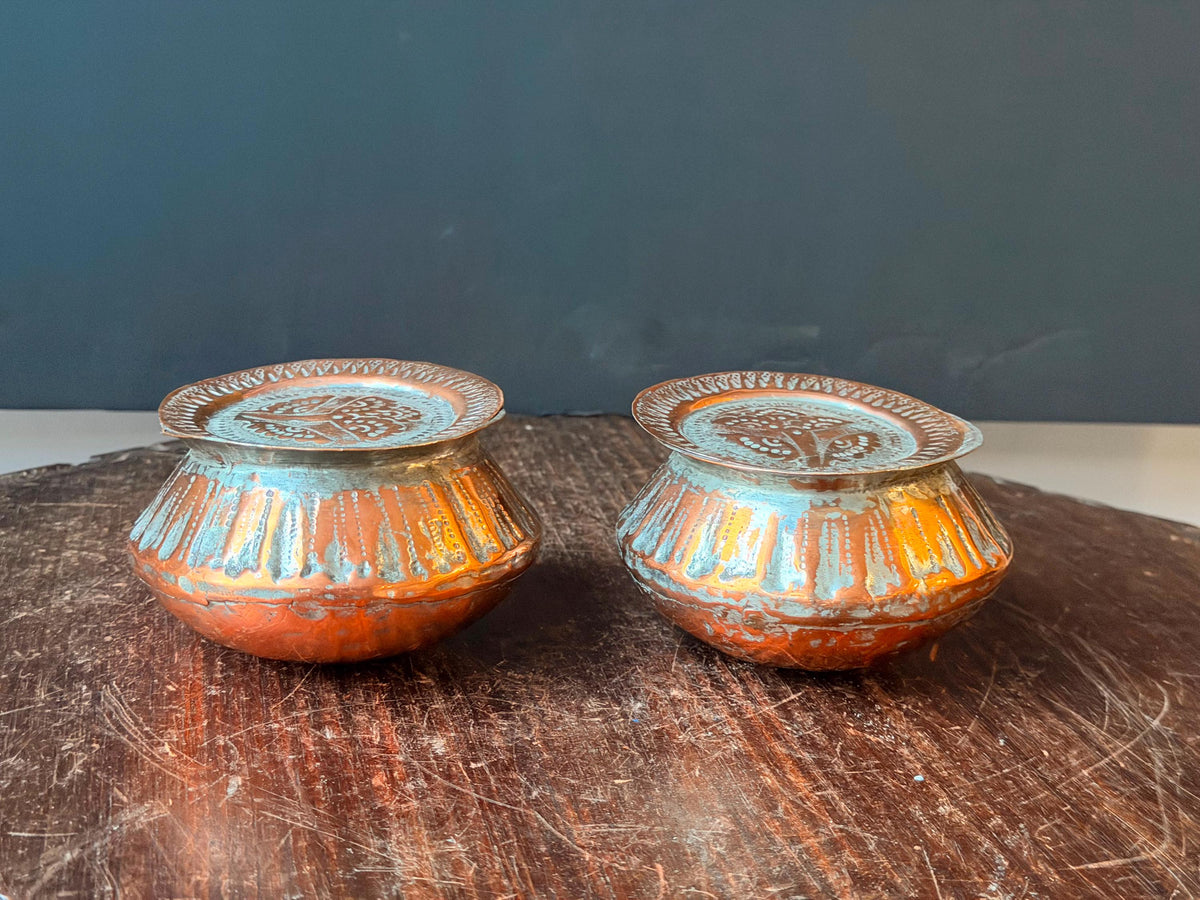 Vintage Tinned Copper Bowl Set Hand Hammered Small Trinket Vessel Pair 4in