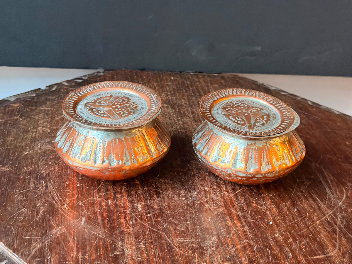 Vintage Tinned Copper Bowl Set Hand Hammered Small Trinket Vessel Pair 4in