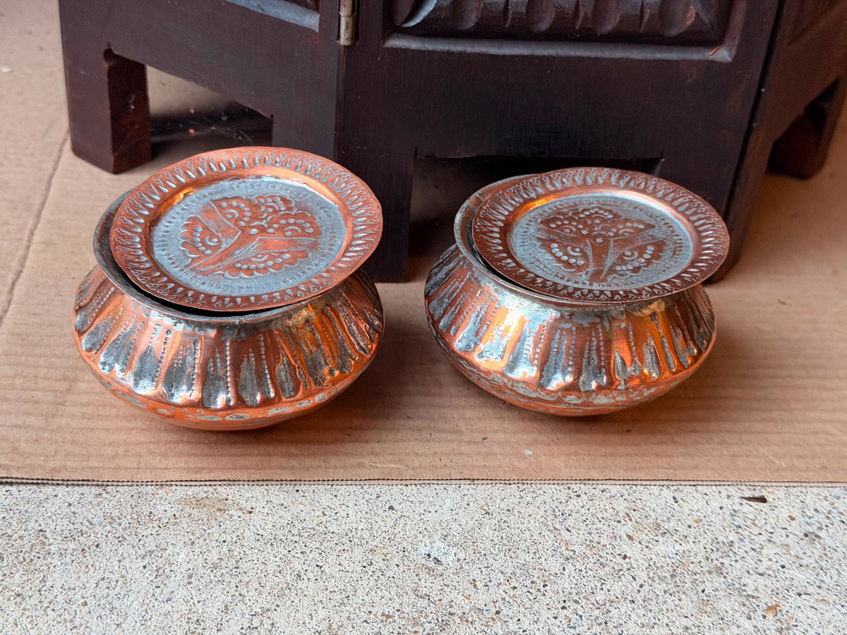 Vintage Tinned Copper Bowl Set Hand Hammered Small Trinket Vessel Pair 4in