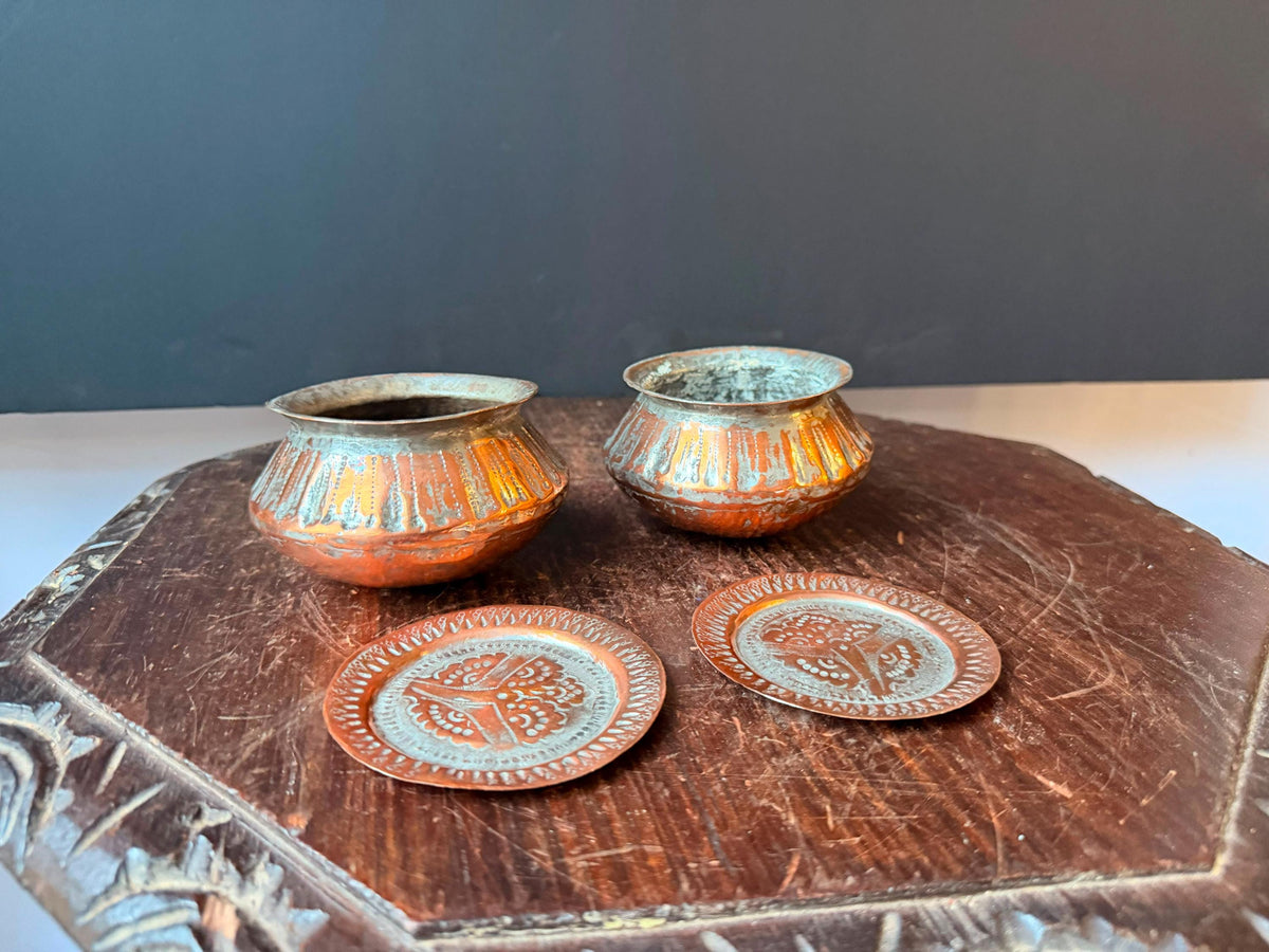 Vintage Tinned Copper Bowl Set Hand Hammered Small Trinket Vessel Pair 4in