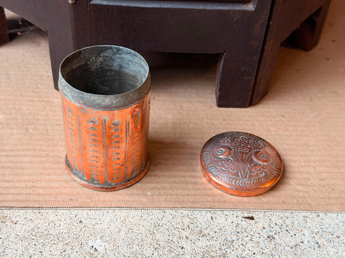 Vintage Tinned Copper Lidded Jar Hand Chased Floral Small Canister Box 3.5in