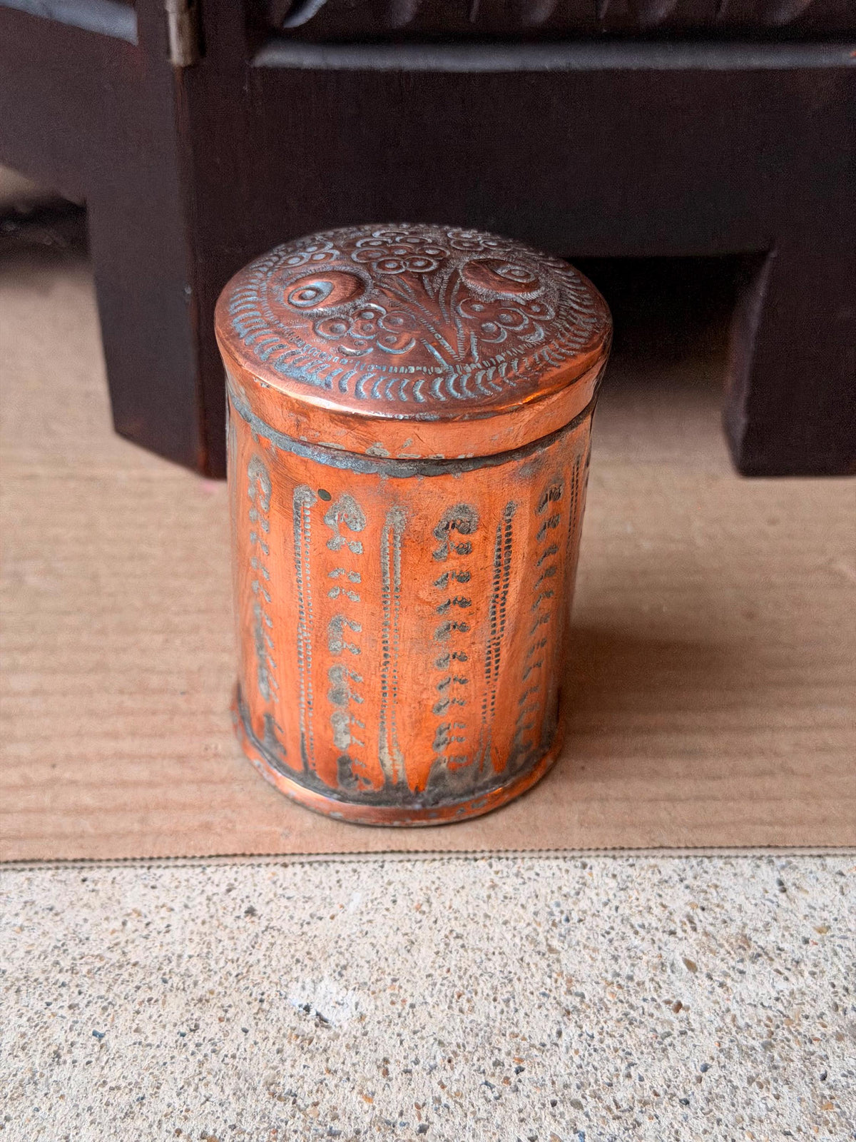 Vintage Tinned Copper Lidded Jar Hand Chased Floral Small Canister Box 3.5in