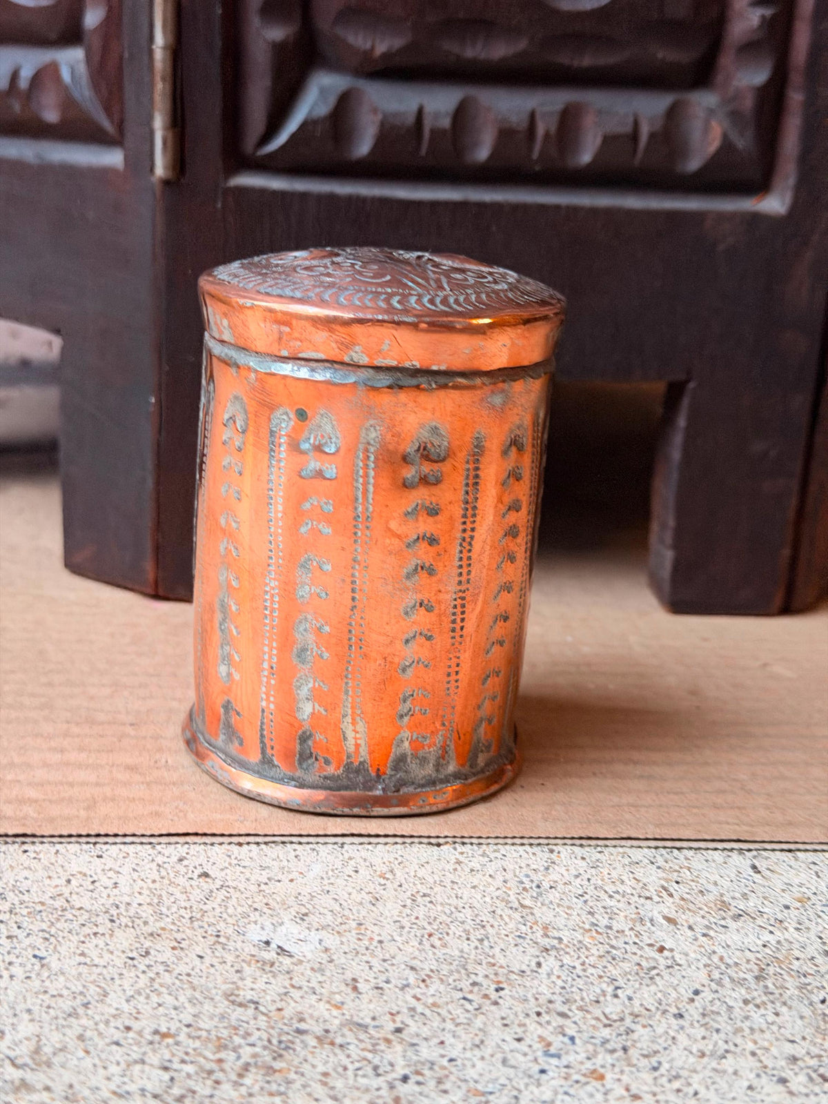 Vintage Tinned Copper Lidded Jar Hand Chased Floral Small Canister Box 3.5in