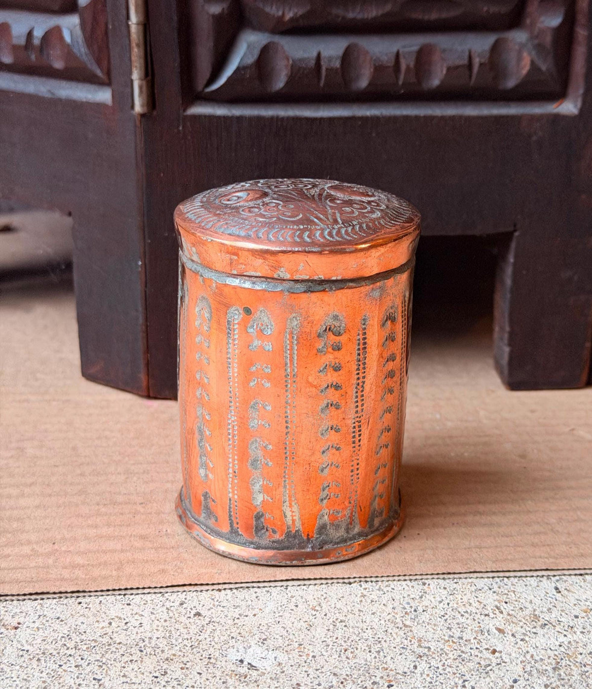 Vintage Tinned Copper Lidded Jar Hand Chased Floral Small Canister Box 3.5in