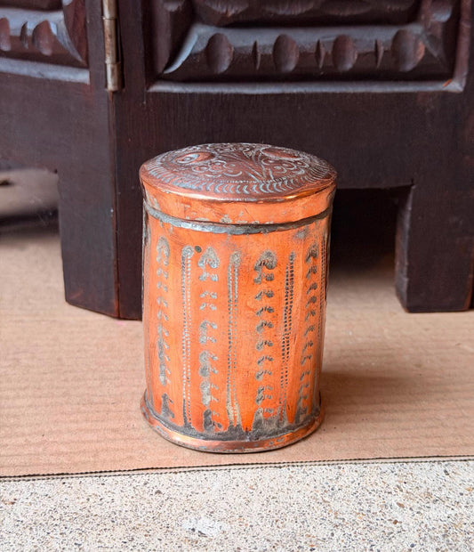 Vintage Tinned Copper Lidded Jar Hand Chased Floral Small Canister Box 3.5in