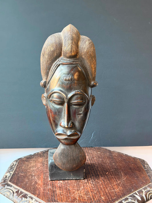 Vintage Baule Mask Hand Carved Heavy Wood Portrait Mask African Art 16in