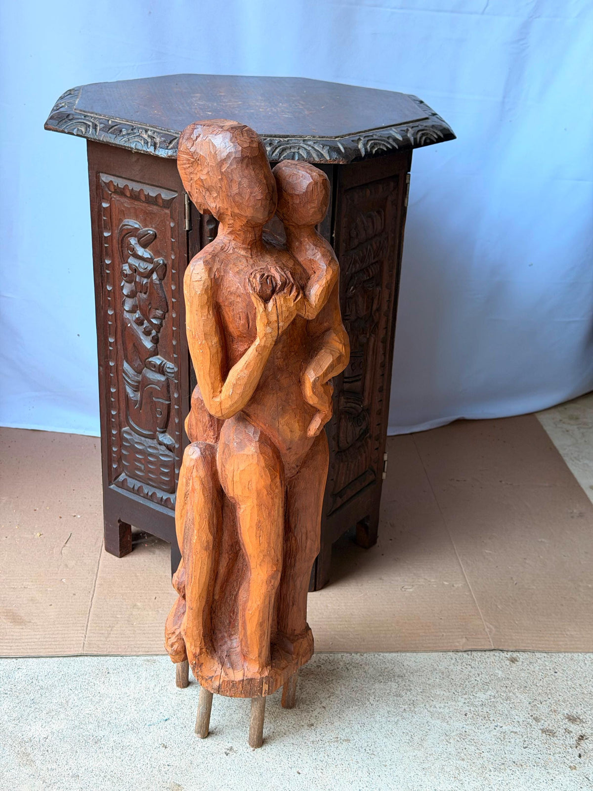 Vintage Hand Carved Wood Mother Child Sculpture Mid Century Expressionist 24"
