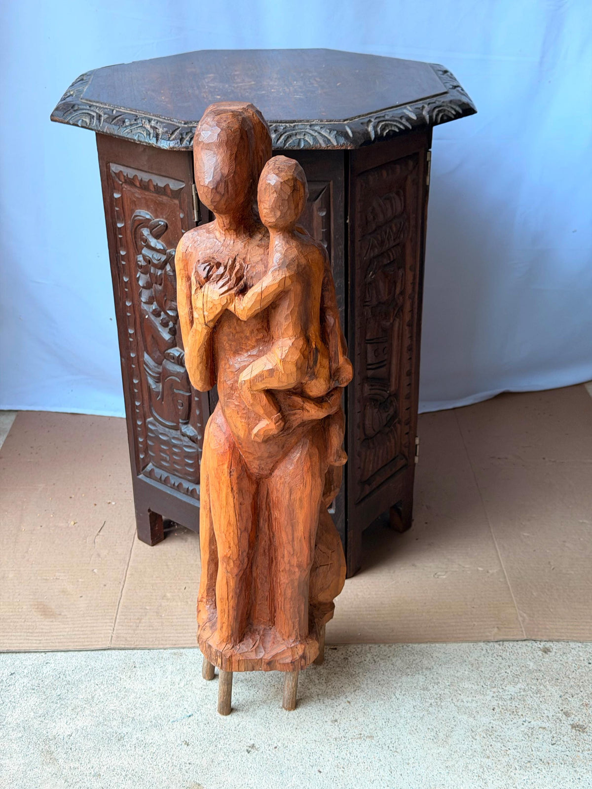 Vintage Hand Carved Wood Mother Child Sculpture Mid Century Expressionist 24"