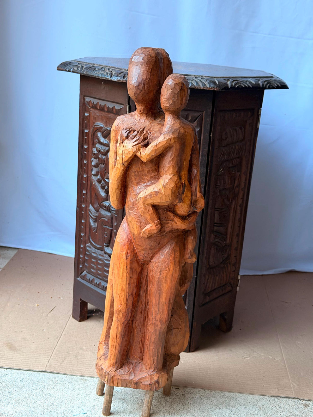 Vintage Hand Carved Wood Mother Child Sculpture Mid Century Expressionist 24"
