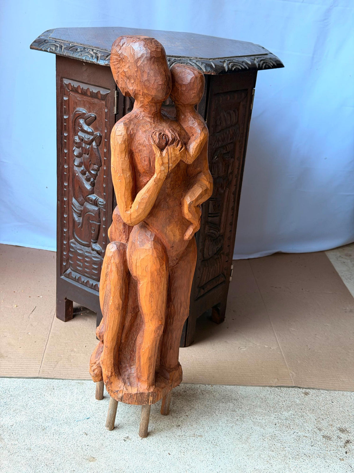 Vintage Hand Carved Wood Mother Child Sculpture Mid Century Expressionist 24"