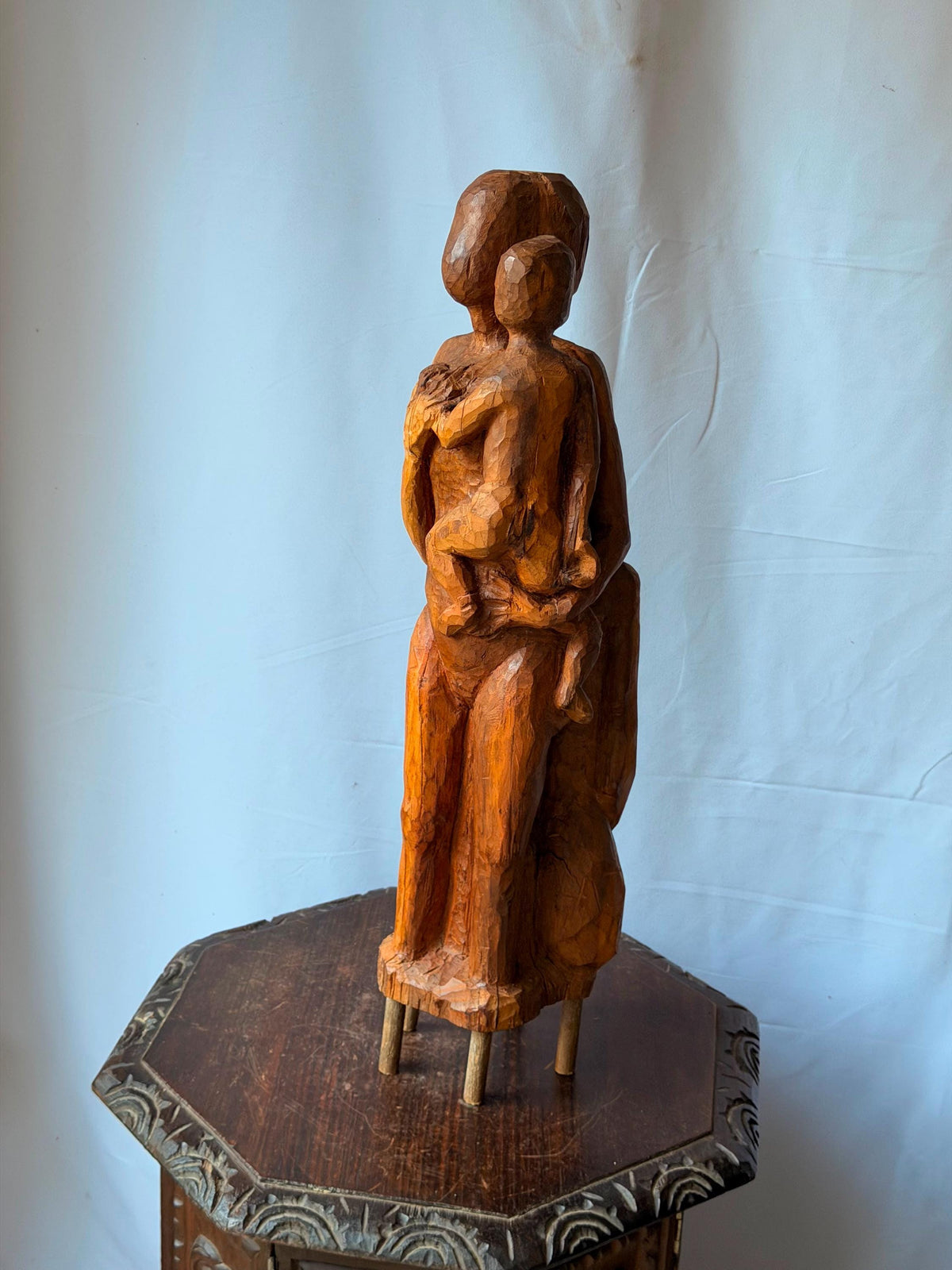 Vintage Hand Carved Wood Mother Child Sculpture Mid Century Expressionist 24"