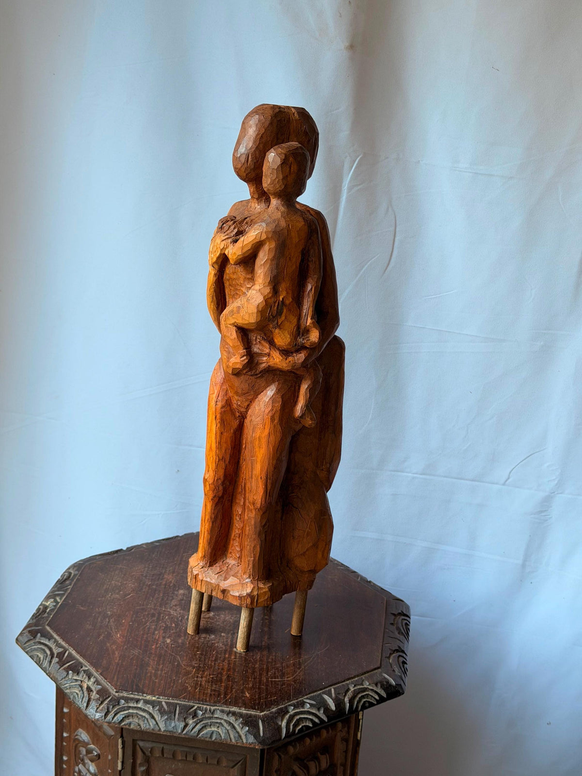 Vintage Hand Carved Wood Mother Child Sculpture Mid Century Expressionist 24"