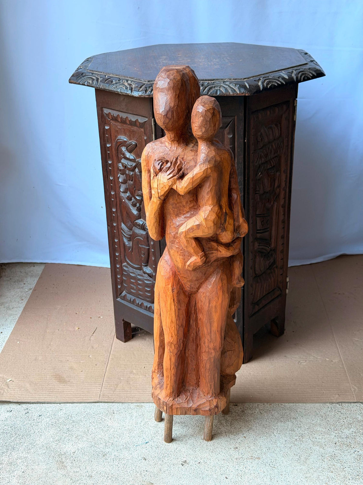 Vintage Hand Carved Wood Mother Child Sculpture Mid Century Expressionist 24"