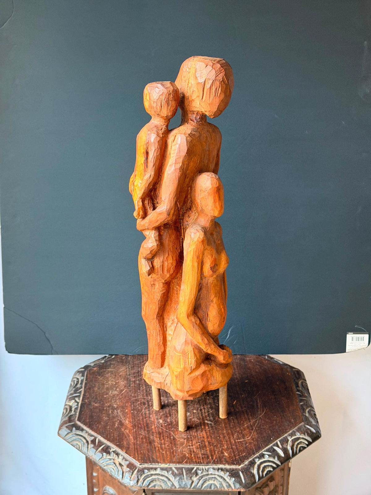 Vintage Hand Carved Wood Mother Child Sculpture Mid Century Expressionist 24"