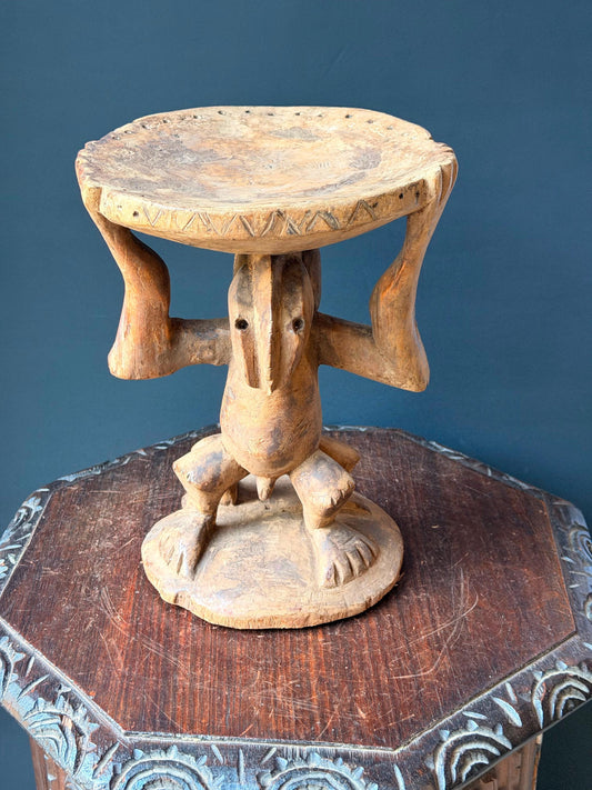 Vintage Kusu Metoko Caryatid Stool Hand Carved Wood African Pedestal Seat 12in