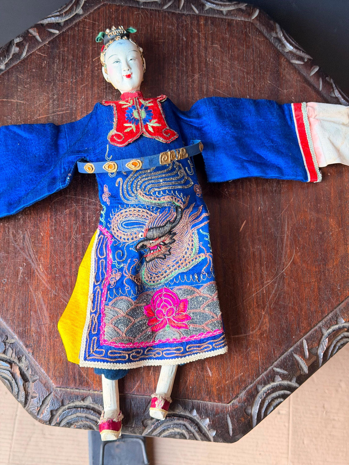 Vintage Chinese Opera Puppet Doll Hand Embroidered Silk Dragon Robe