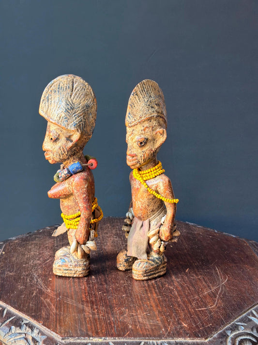 Vintage Yoruba Ere Ibeji Carved Wood Twin Figures Pair Beads Cowrie Shells