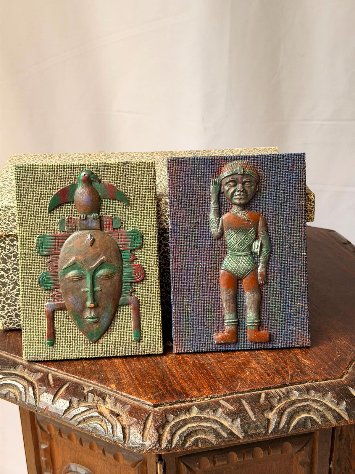 Vintage Mid-Century African Mask & Figure Wall Plaque Pair Verdigris Art