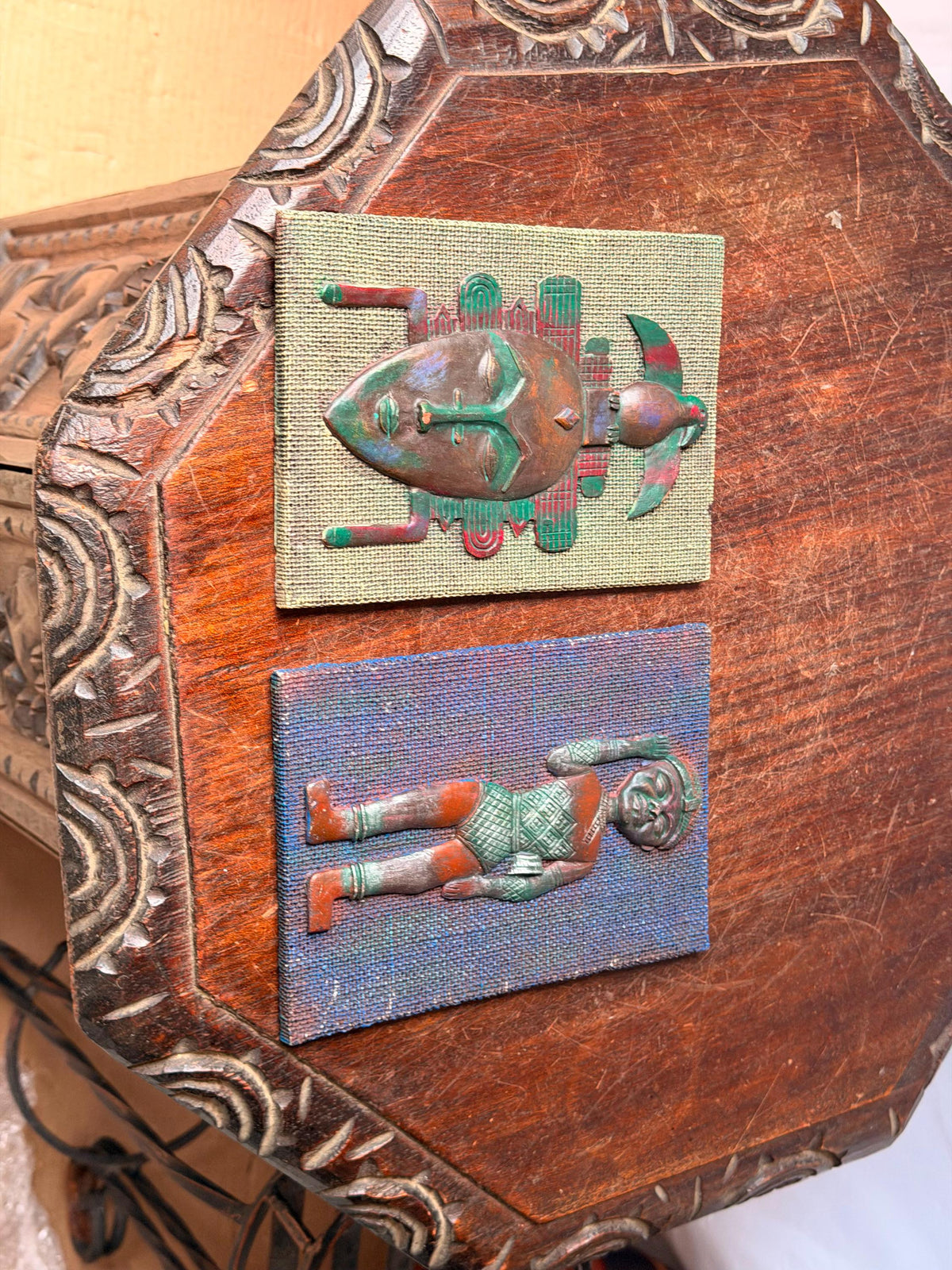 Vintage Mid-Century African Mask & Figure Wall Plaque Pair Verdigris Art