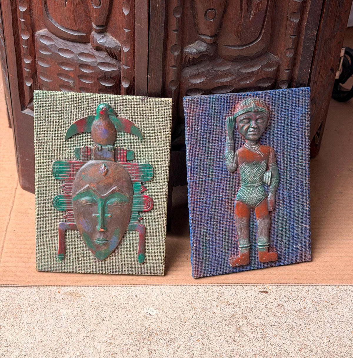 Vintage Mid-Century African Mask & Figure Wall Plaque Pair Verdigris Art