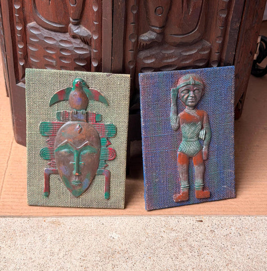 Vintage Mid-Century African Mask & Figure Wall Plaque Pair Verdigris Art