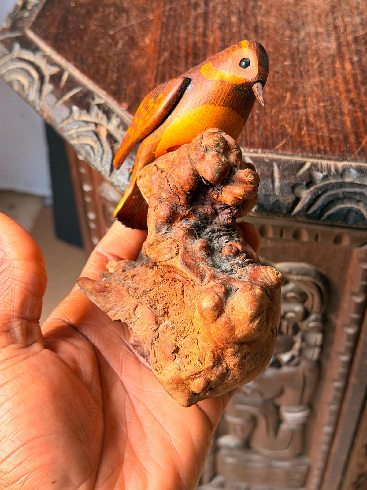 Vintage Hand Carved Wood Bird Figurines Set Burl Driftwood Mounted Songbird