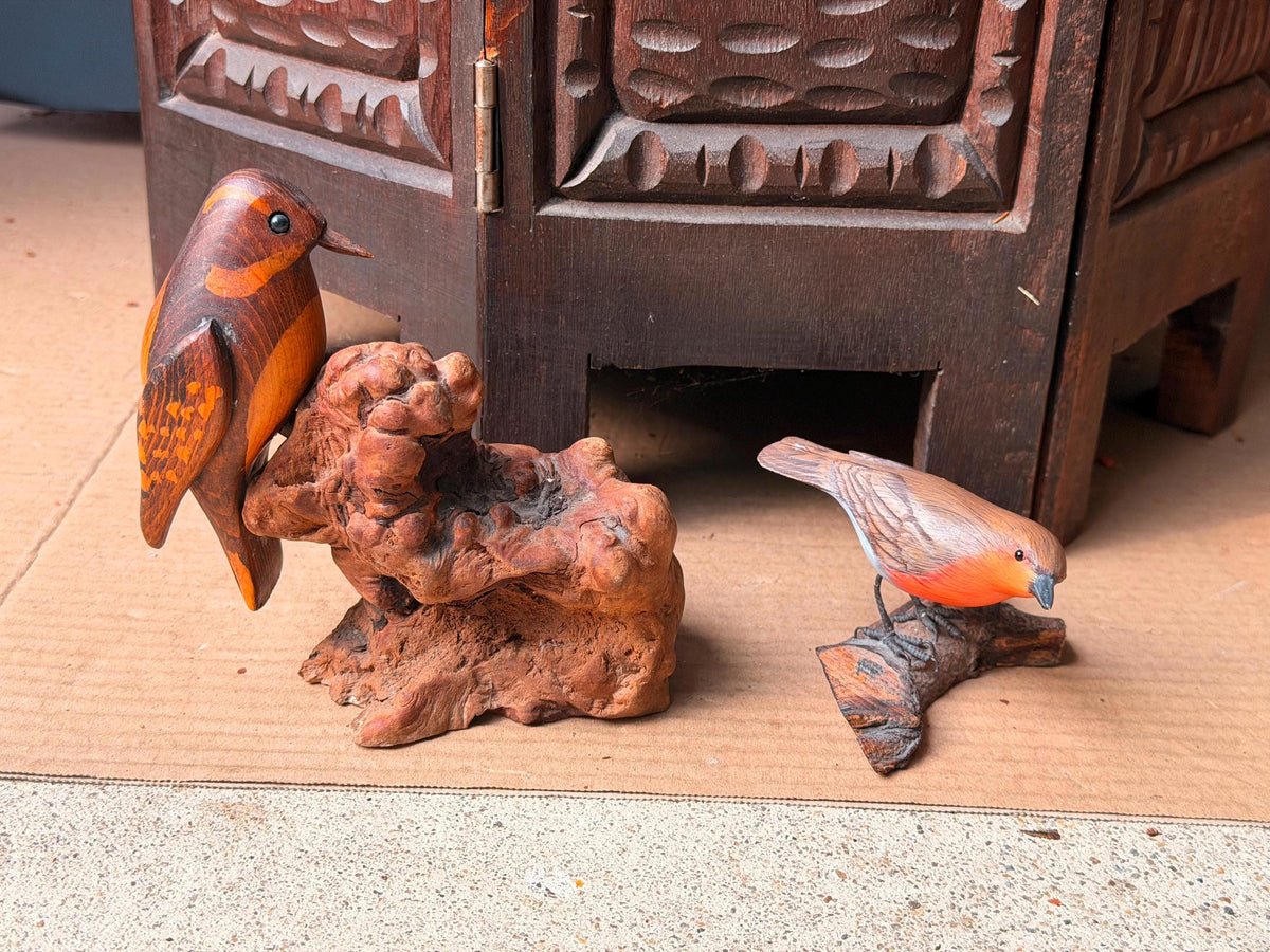Vintage Hand Carved Wood Bird Figurines Set Burl Driftwood Mounted Songbird
