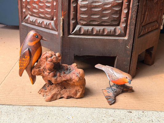 Vintage Hand Carved Wood Bird Figurines Set Burl Driftwood Mounted Songbird