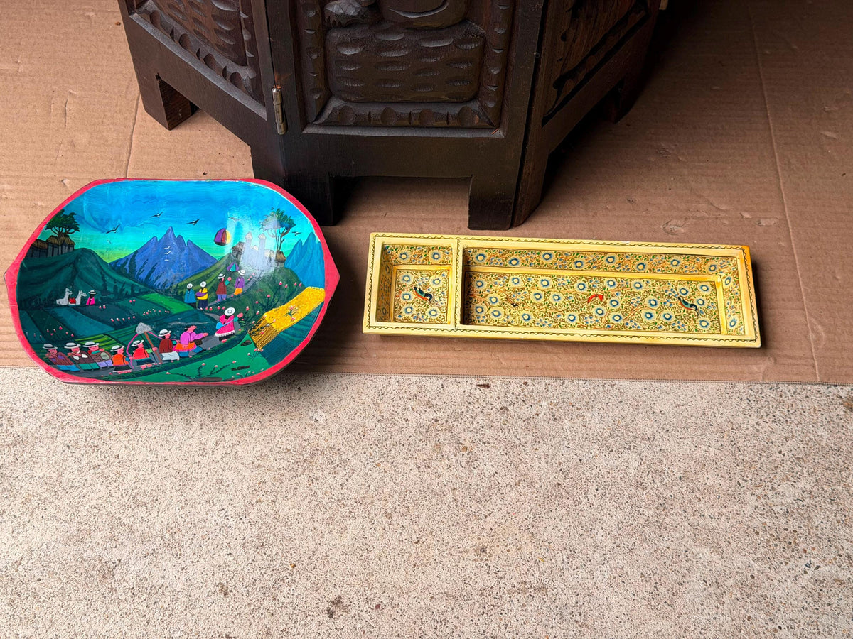 Vintage Hand Painted Wood Tray Bowl Set Folk Art Floral Village Vessel
