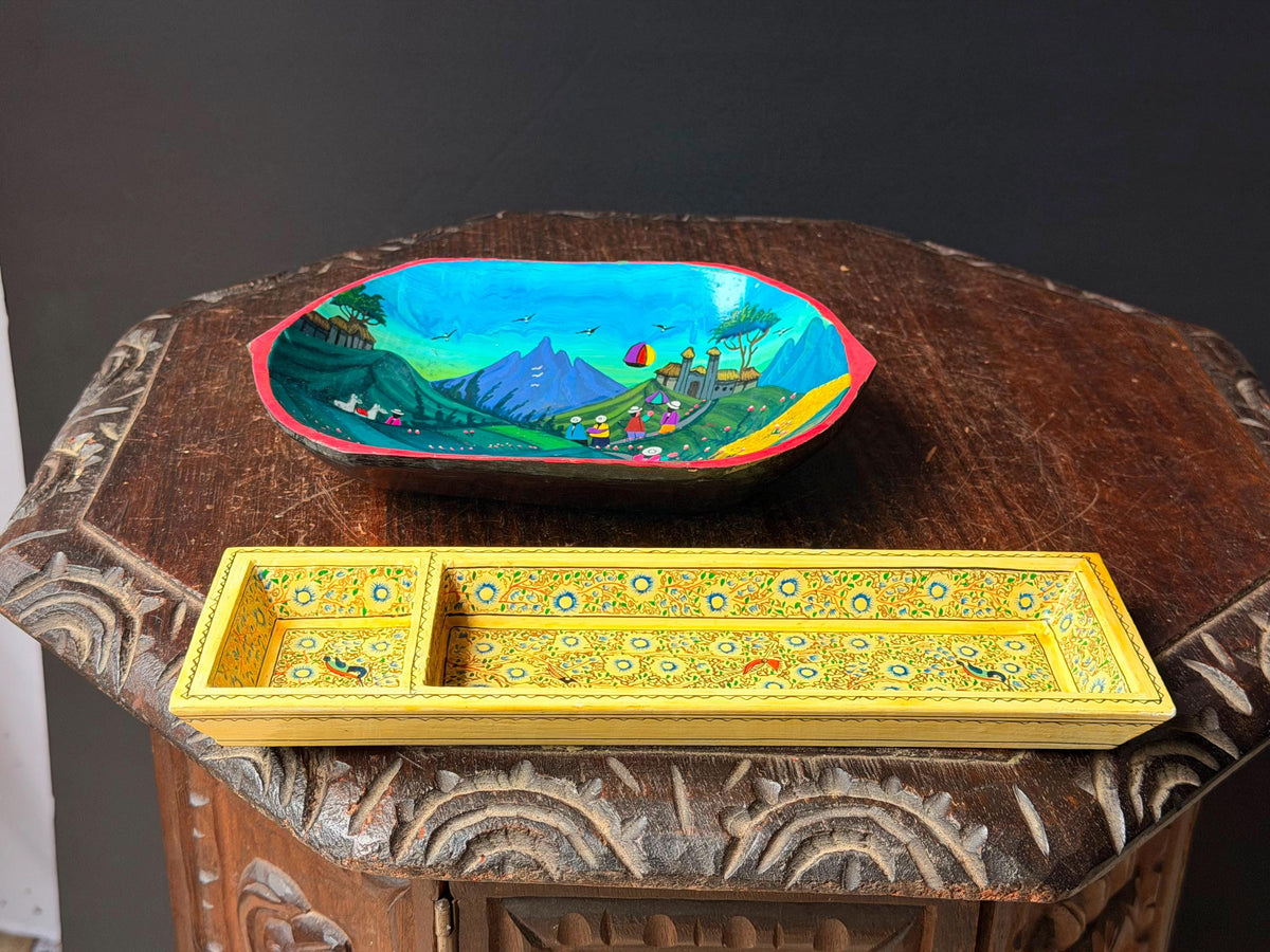 Vintage Hand Painted Wood Tray Bowl Set Folk Art Floral Village Vessel