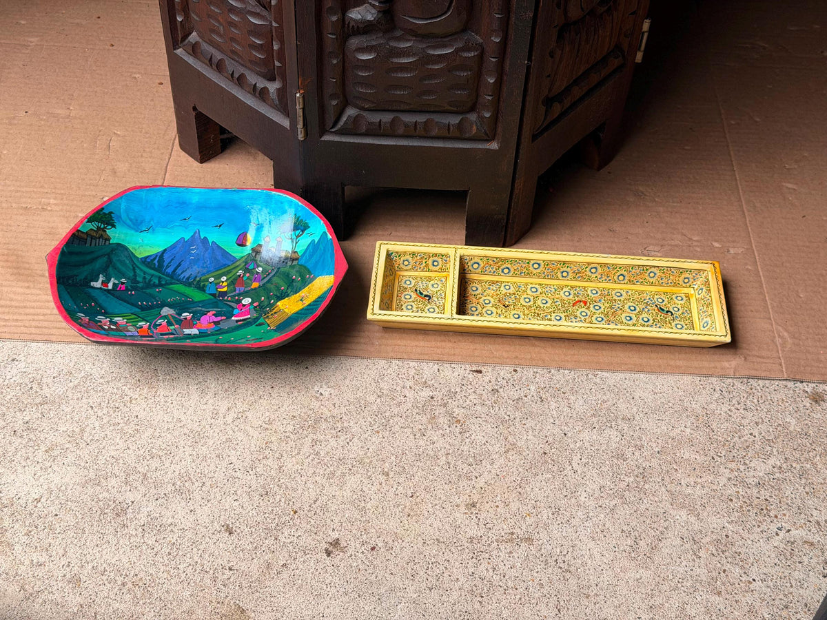 Vintage Hand Painted Wood Tray Bowl Set Folk Art Floral Village Vessel