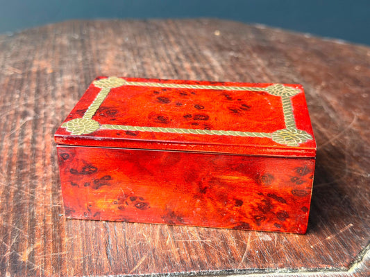 Vintage Korean Wood Brass Inlay Trinket Box Red Burl Lacquer Decor