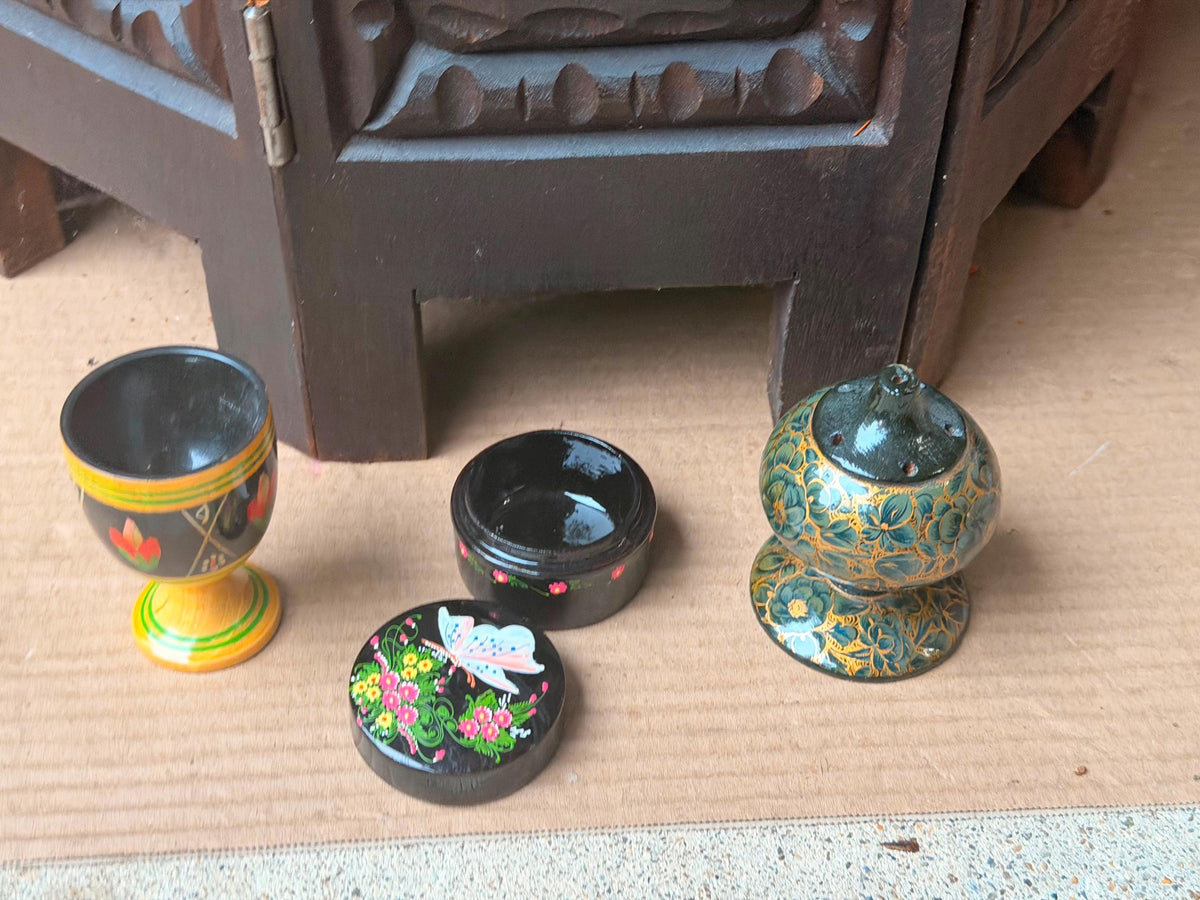 Vintage Hand Painted Wood Lacquer Set Goblet Trinket Box Scent Vessel