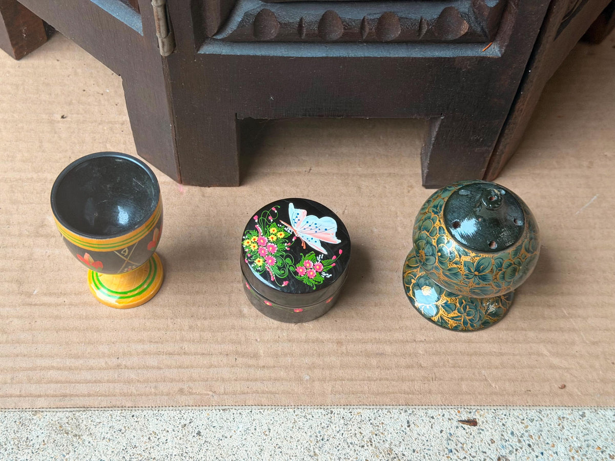 Vintage Hand Painted Wood Lacquer Set Goblet Trinket Box Scent Vessel