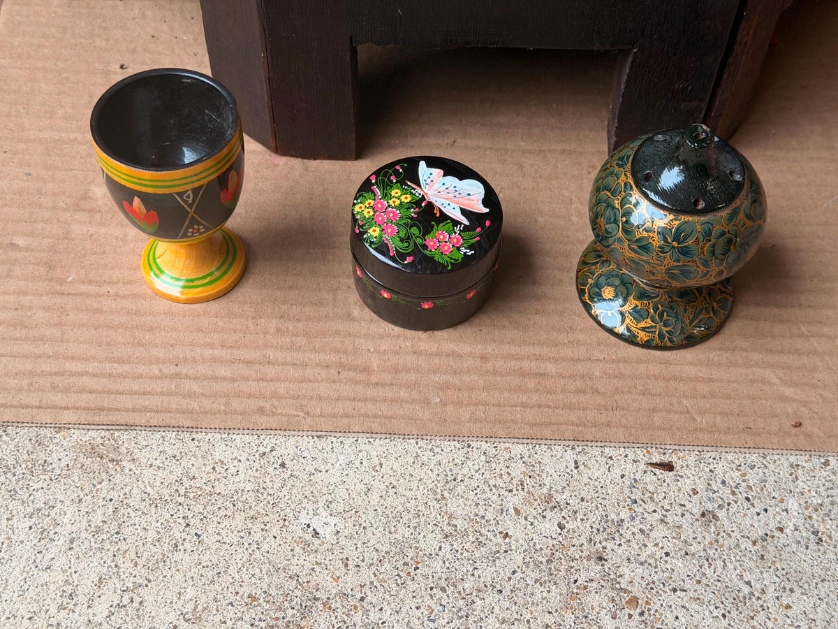 Vintage Hand Painted Wood Lacquer Set Goblet Trinket Box Scent Vessel