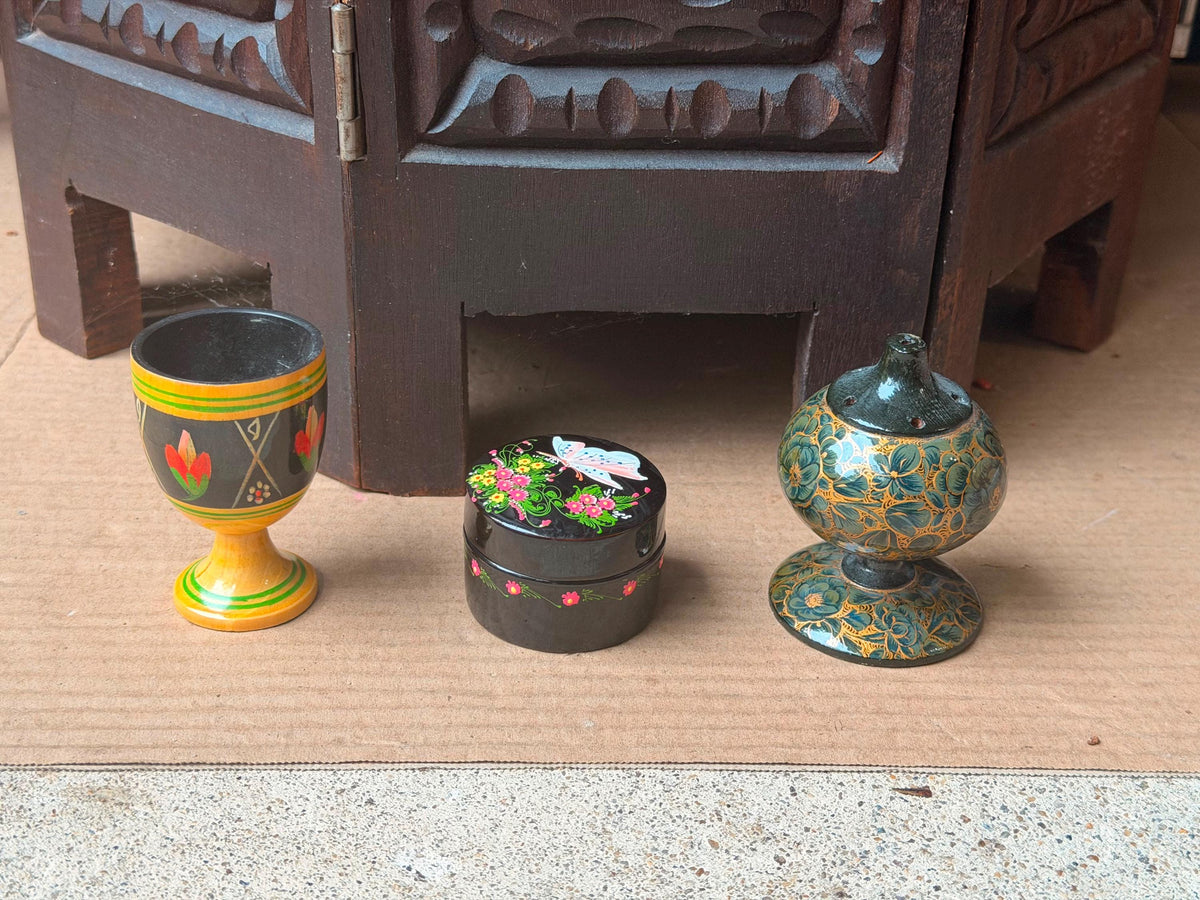 Vintage Hand Painted Wood Lacquer Set Goblet Trinket Box Scent Vessel