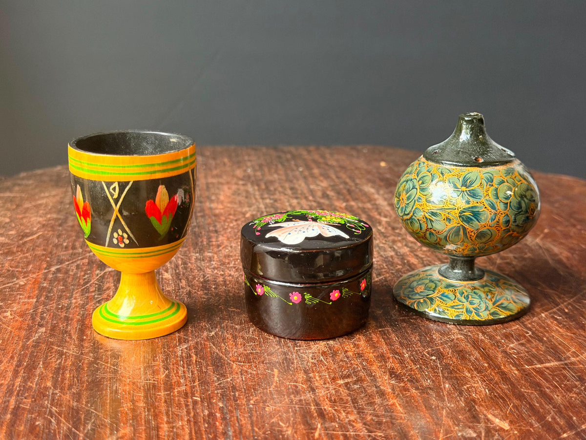 Vintage Hand Painted Wood Lacquer Set Goblet Trinket Box Scent Vessel