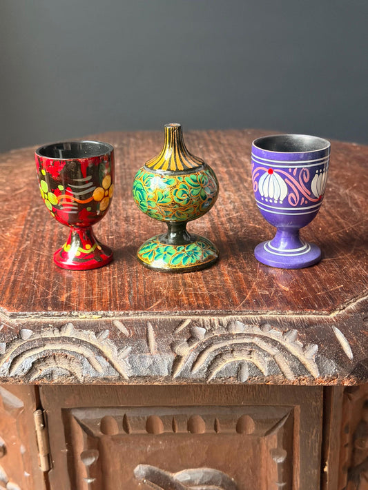 Vintage Hand Painted Wood Goblet Set Lacquer Scent Vessel Folk Art Decor