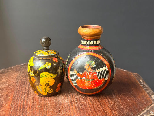 Vintage Hand Painted Wood Jar Vessel Set Indian Court Portrait Floral