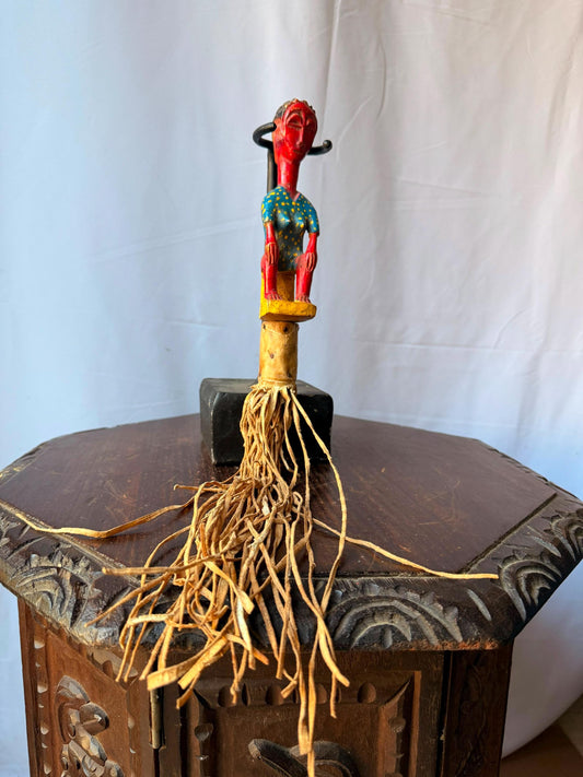 Vintage Baule Carved Wood Fly Whisk Seated Figure Colon Art Cote d'Ivoire