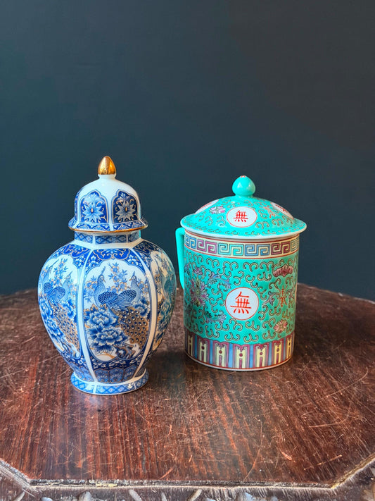 Vintage Chinese Porcelain Lidded Mug & Japanese Peacock Temple Jar 2pc Set