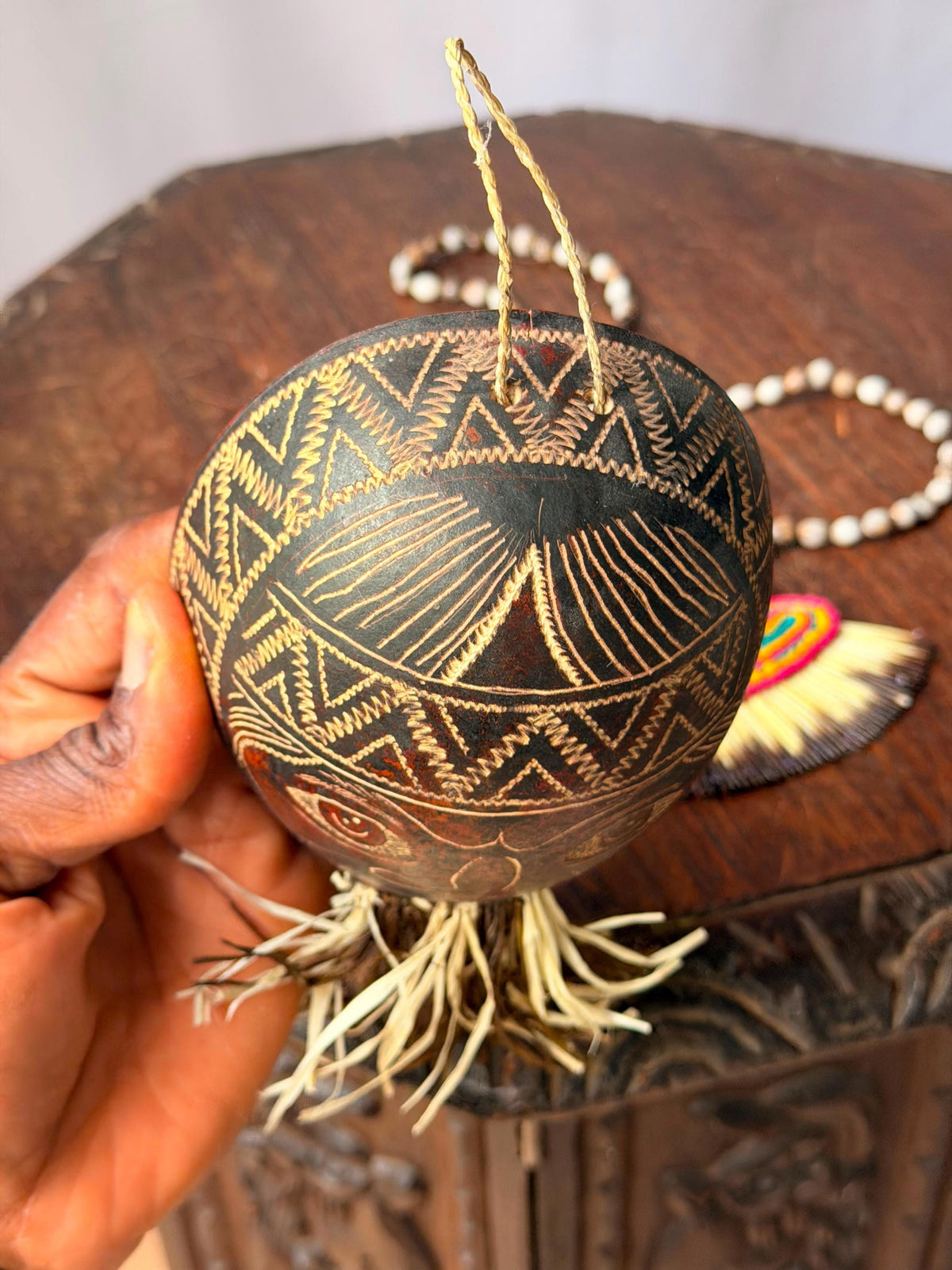 Vintage Carved Etched Gourd Mask Plaque & Hand Woven Fiber Bead Necklace Set