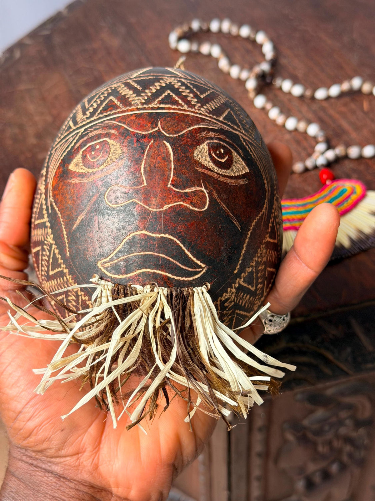 Vintage Carved Etched Gourd Mask Plaque & Hand Woven Fiber Bead Necklace Set