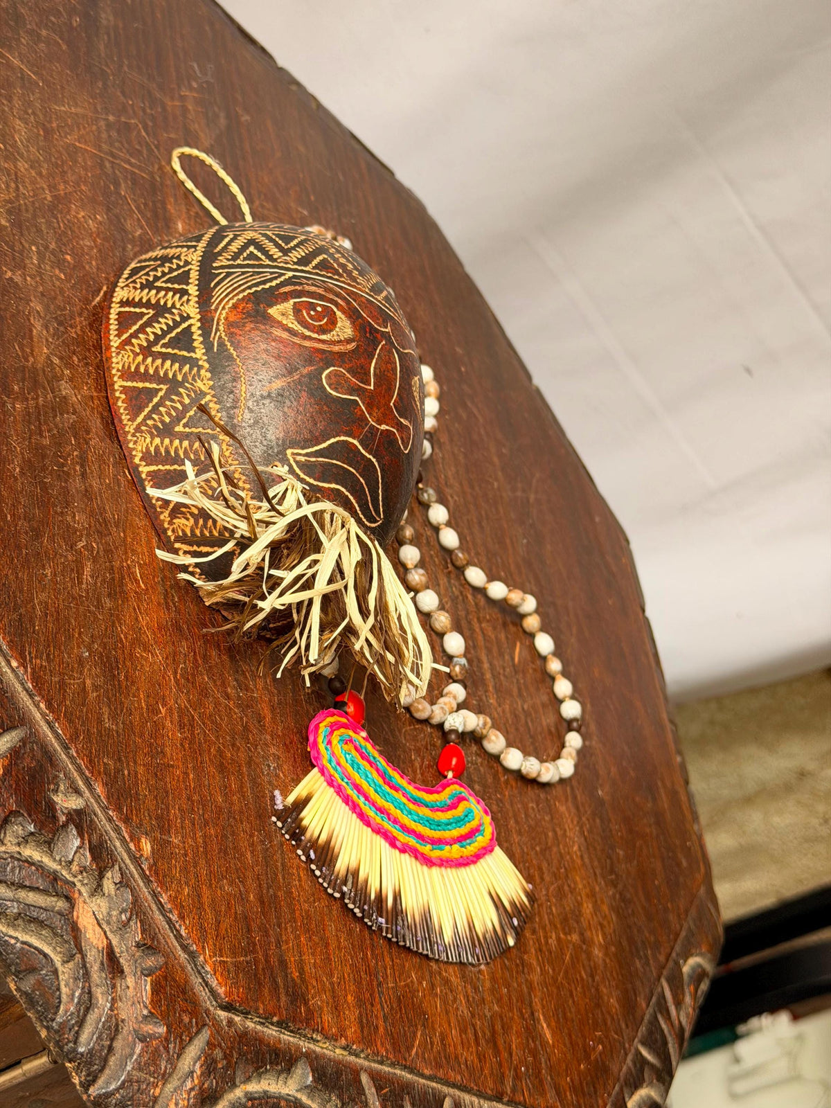 Vintage Carved Etched Gourd Mask Plaque & Hand Woven Fiber Bead Necklace Set