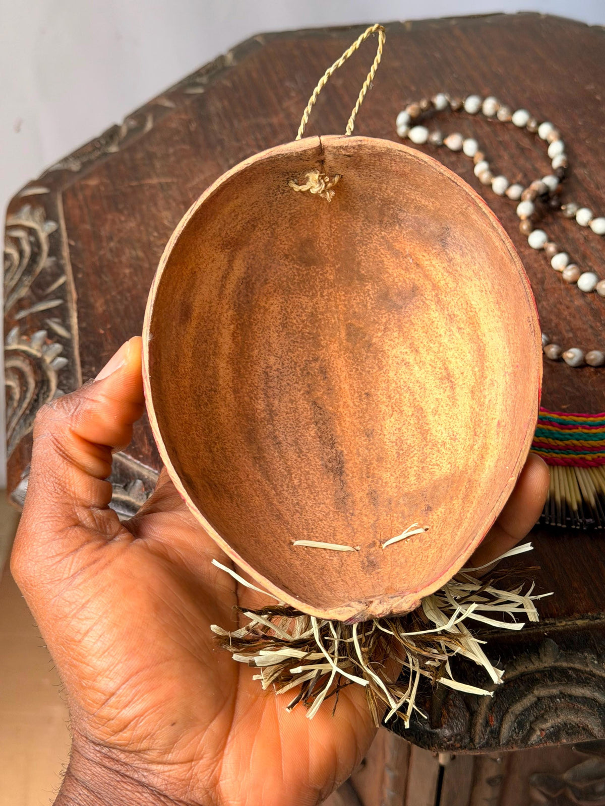 Vintage Carved Etched Gourd Mask Plaque & Hand Woven Fiber Bead Necklace Set