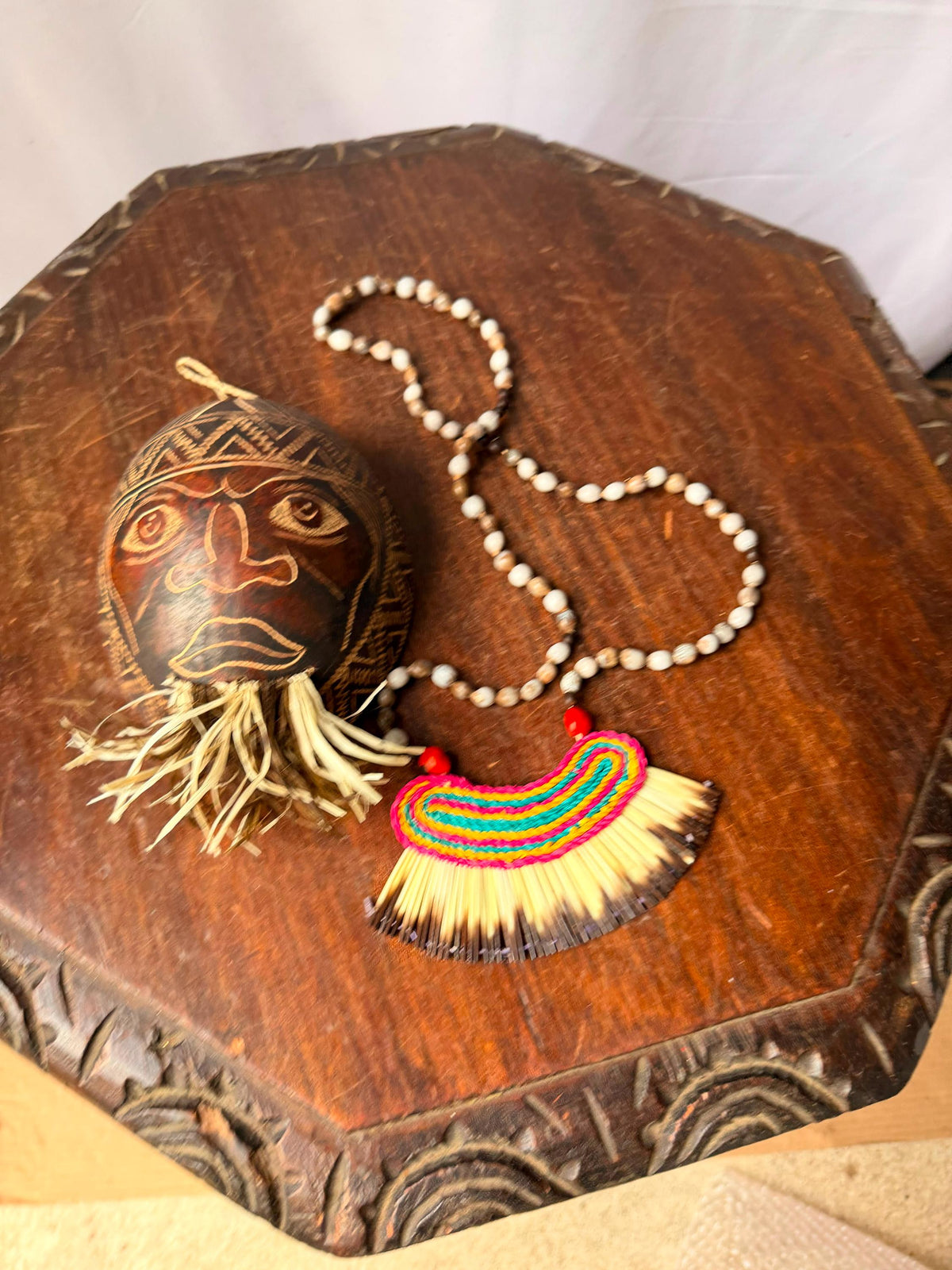 Vintage Carved Etched Gourd Mask Plaque & Hand Woven Fiber Bead Necklace Set