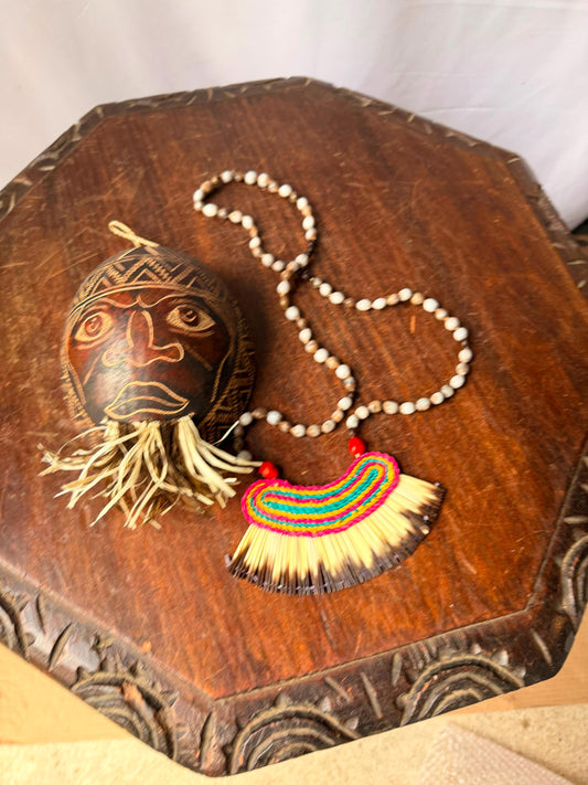 Vintage Carved Etched Gourd Mask Plaque & Hand Woven Fiber Bead Necklace Set