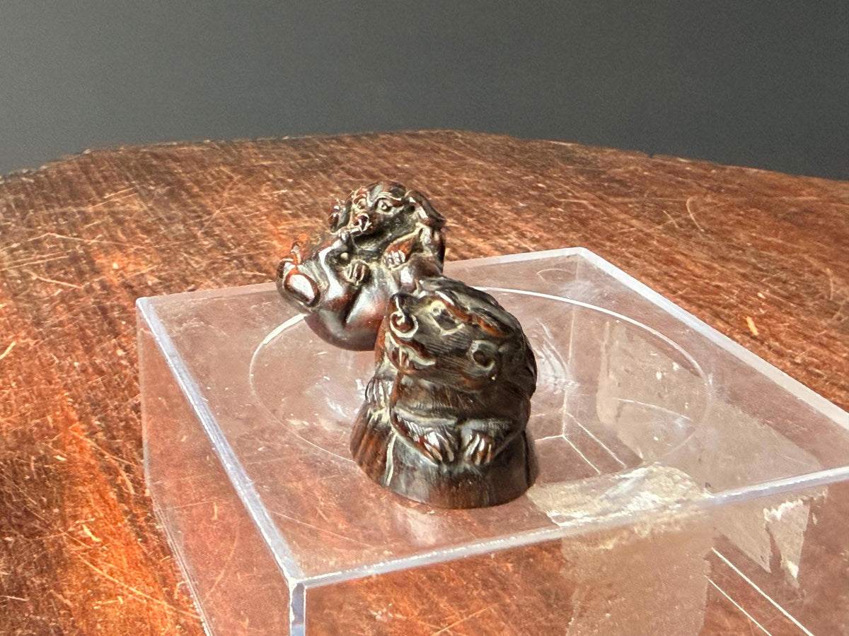 Vintage Japanese Carved Wood Netsuke Set Playing Puppies Recumbent Tiger